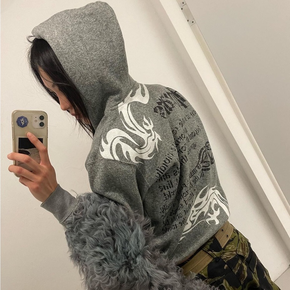 Korean vintage gray y2k zip-up goth letters tatto hoodie jacket